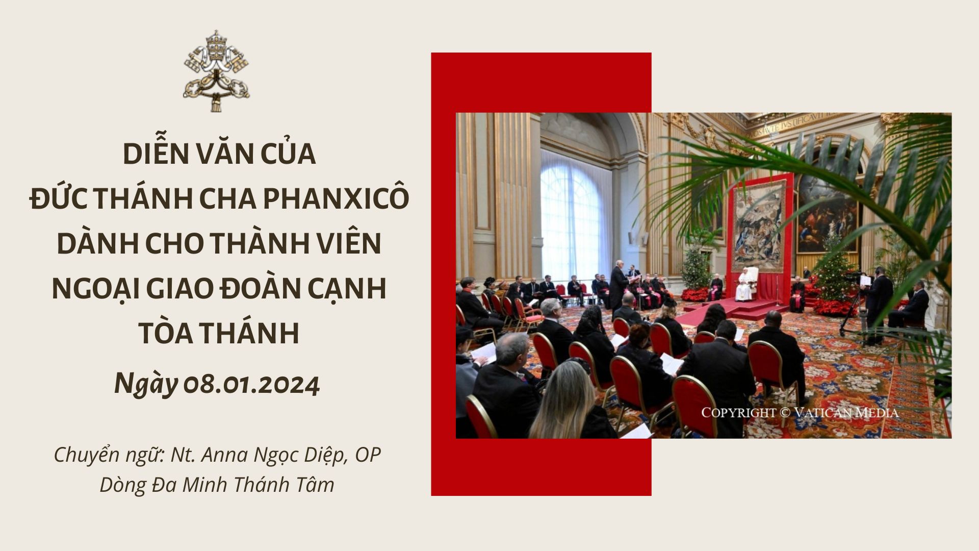 Diễn văn của Đức Thánh Cha Phanxicô dành cho thành viên Ngoại giao đoàn cạnh Tòa thánh, năm 2024